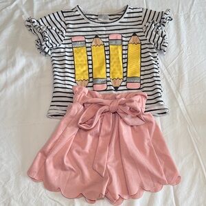 Striped Pencil Graphic Tee & Pink Scallop Shorts Set